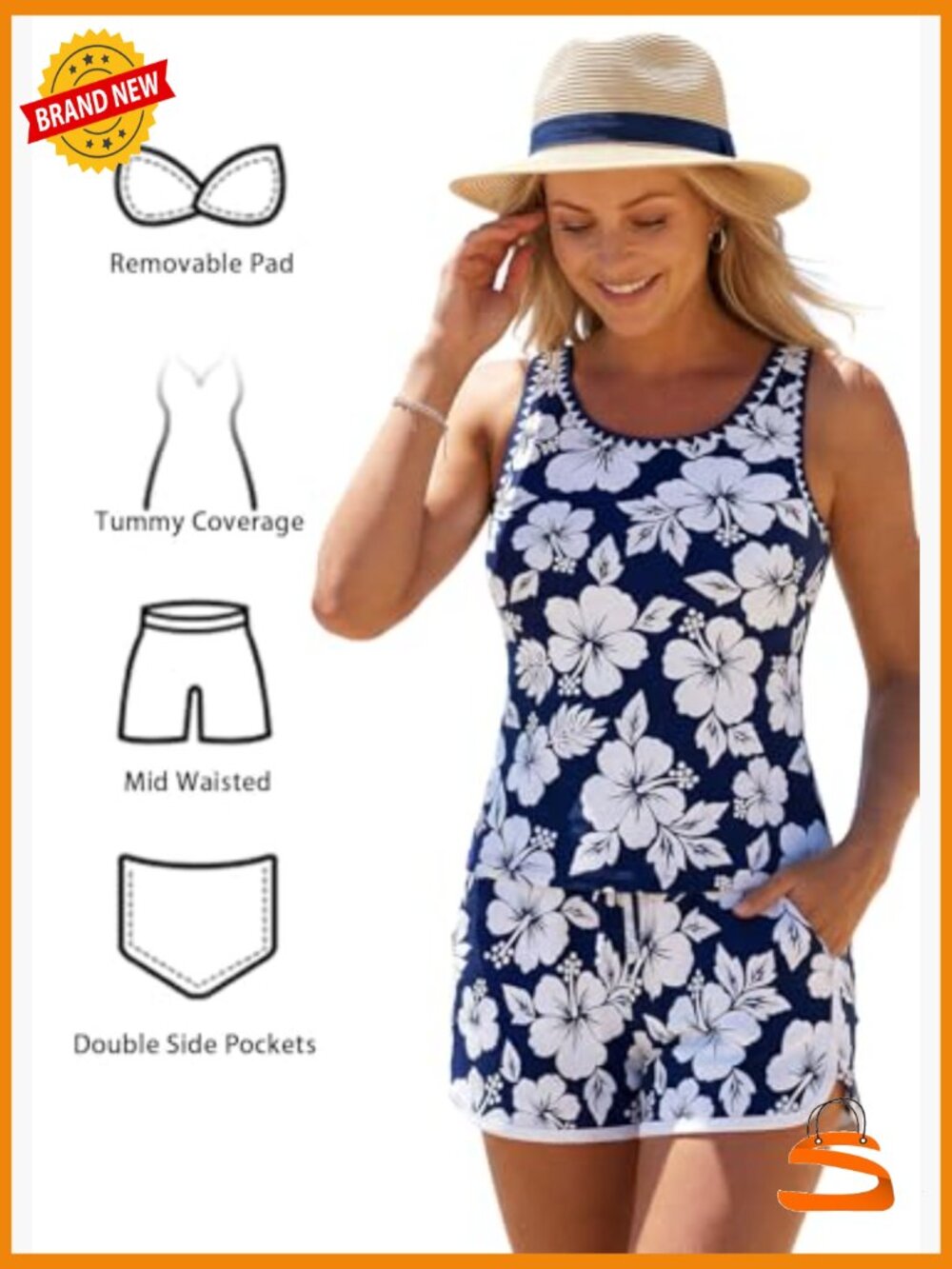 Modest Tankini Set with Board Shorts, Sleeveless Scoop Neck Tank Top, - Picture 5 of 7
